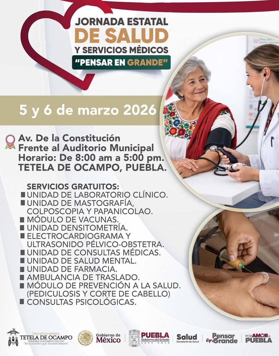 ⚠️ Este 5 y 6 de marzo la Jornada de Salud Pensar en Grande del <a href="/Gob_Puebla/">Gobierno de Puebla</a> y la <a href="/SaludGobPue/">Secretaría de Salud</a> llega a Tetela de Ocampo.

🩺 Diversos módulos atienden de manera gratuita a la población, personal especializado y unidades con diferentes servicios.

#PorAmorAPuebla  #PensarEnGrande