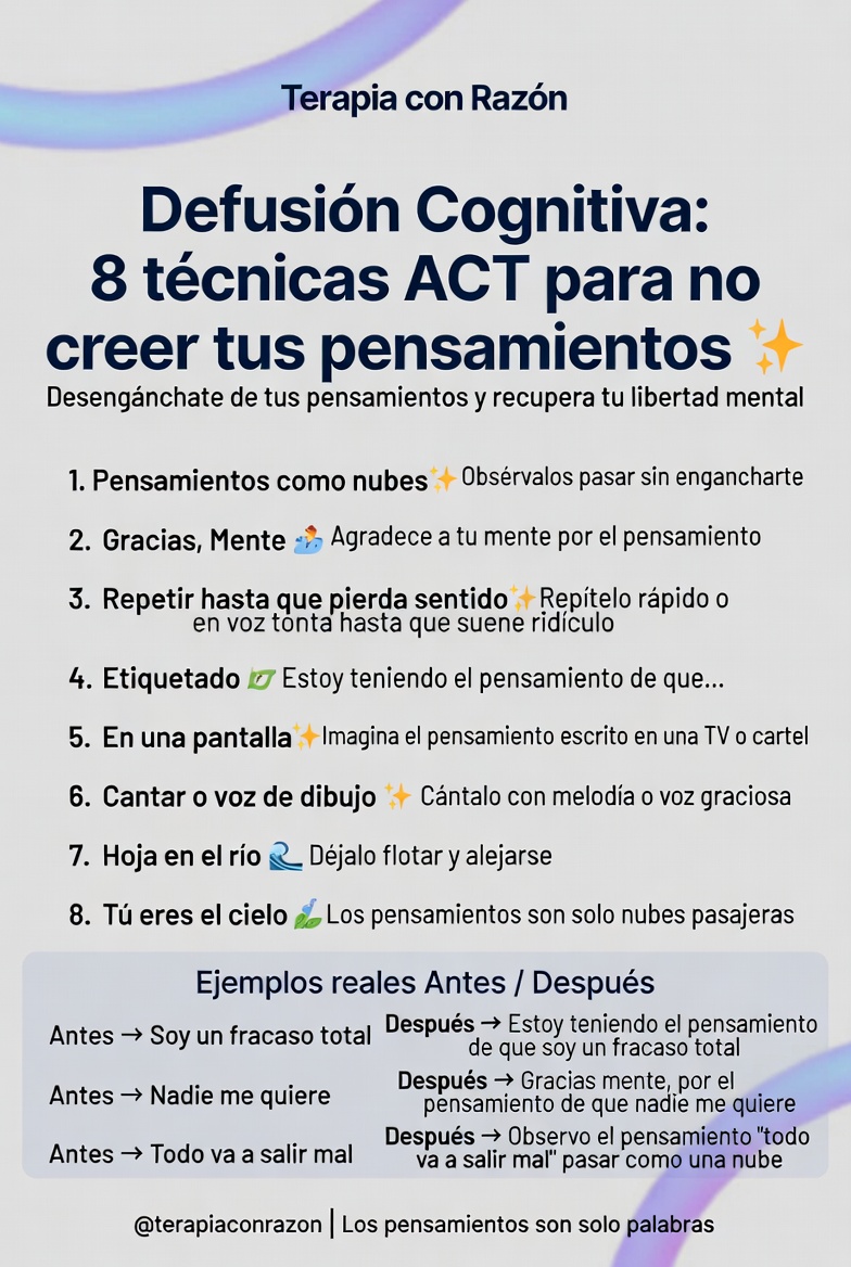 terapiaconrazon's tweet photo. Defusión cognitiva: Aprende a separarte de tus pensamientos 🧠

Hace unos años, recuerdo que un hombre de 38 años llegó a consulta con la mirada agotada y me dijo: 

“Ya no sé si es normal... 
mi cabeza no me deja en paz. 
Todo el día estoy pensando ‘soy un fracaso’, 
‘nunca voy a salir adelante’, 
‘mi pareja se va a cansar de mí’. 
Sé que son pensamientos exagerados, 
pero los creo al 100 %. 
Me paralizan, 
me hacen dudar de todo 
y termino actuando 
como si fueran verdades absolutas. 
Quiero aprender a no creerles tanto, 
pero no sé cómo separarme de ellos 
sin sentir que los estoy ignorando o reprimiendo”.

Ese sentimiento de estar fusionado con pensamientos dolorosos es exactamente lo que la Terapia de Aceptación y Compromiso (ACT) llama fusión cognitiva: cuando nos tomamos los pensamientos como hechos literales y dejamos que controlen nuestra conducta. 

La herramienta más poderosa que ACT ofrece para liberarnos es la defusión cognitiva: aprender a observar los pensamientos como eventos mentales pasajeros, no como verdades que nos definen ni que exigen acción inmediata.

La defusión no consiste en eliminar pensamientos (eso es imposible y contraproducente), sino en cambiar la relación con ellos. En vez de “soy un fracaso” (fusión), pasamos a “estoy teniendo el pensamiento de que soy un fracaso” (defusión). Ese pequeño cambio lingüístico y de perspectiva crea distancia y nos devuelve el poder de elegir cómo actuar.

La imagen que comparto hoy resume las 8 técnicas de defusión cognitiva más efectivas y rápidas que usamos en terapia ACT:

1. Pensamientos como nubes
Imagina que tus pensamientos son nubes que pasan por el cielo de tu mente. Los ves llegar, cambiar de forma y alejarse. No los persigues ni los combates; solo observas cómo pasan. Esta metáfora clásica ayuda a crear distancia visual y temporal.

2. Gracias, Mente
Cuando aparezca un pensamiento crítico, di en voz alta o mentalmente: “Gracias, Mente, por ese pensamiento”. Es una forma amable y humorística de reconocer que la mente está haciendo su trabajo (protegerte), pero sin tomarlo como verdad absoluta.

3. Repetir hasta que pierda sentido
Toma el pensamiento doloroso y repítelo rápido en voz alta (o en voz tonta, cantándolo o con acento ridículo) hasta que suene absurdo y pierda fuerza emocional. La repetición rápida reduce su impacto literal.

4. Etiquetado
Di: “Estoy teniendo el pensamiento de que…”. Ejemplo: “Estoy teniendo el pensamiento de que soy un fracaso”. Esta técnica de defusión cognitiva crea un paso atrás y te recuerda que es solo un pensamiento, no una realidad.

5. En una pantalla
Imagina que el pensamiento está escrito en una pantalla de televisión, un cartel publicitario o una hoja de papel. Obsérvalo desde lejos, como si fuera algo externo. Esto reduce la fusión inmediata.

6. Cantar o voz de dibujo
Cántalo con una melodía graciosa o dilo con voz de dibujo animado. El tono ridículo quita seriedad y poder al pensamiento.

7. Hoja en el río
Visualiza el pensamiento escrito en una hoja que flota en un río. Obsérvalo pasar sin agarrarlo ni seguirlo. Esta metáfora clásica de ACT ayuda a dejar ir sin luchar.

8. Tú eres el cielo
Tus pensamientos son solo nubes pasajeras. Tú eres el cielo: vasto, estable y siempre presente. Los pensamientos vienen y van, pero tú permaneces.

Estos ejercicios no eliminan los pensamientos (eso no es posible ni necesario); cambian cómo te relacionas con ellos. En vez de creerlos y actuar desde ellos, los observas con curiosidad y compasión, y decides si te sirven o no para vivir la vida que quieres.

La defusión cognitiva es una de las herramientas más liberadoras de ACT porque te devuelve el control: los pensamientos dejan de ser órdenes y pasan a ser solo palabras que pasan por tu mente. 

Practica uno o dos de estos ejercicios cada día durante una semana y notarás cómo la intensidad emocional baja y recuperas libertad para actuar según tus valores, no según tus miedos.

Los pensamientos son solo palabras, no hechos y tú eres mucho más grande que ellos.

¿Qué te ha parecido esta técnica?

Comenta, dale un RT y sígueme para más contenido de psicología y salud mental @terapiaconrazon