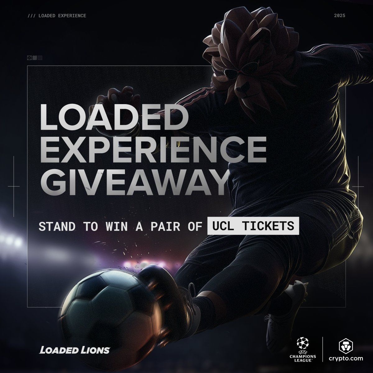 It’s time for the UCL Quarter Finals, MD 13 &amp; 14 tickets giveaway! ⚽

🎫 2 pairs of UCL tickets up for grabs for each Match Day, that’s 4 pairs in total up for grabs
🦁 Exclusively for Loaded Lion holders

To participate, simply complete the following steps:
1️⃣ Follow
