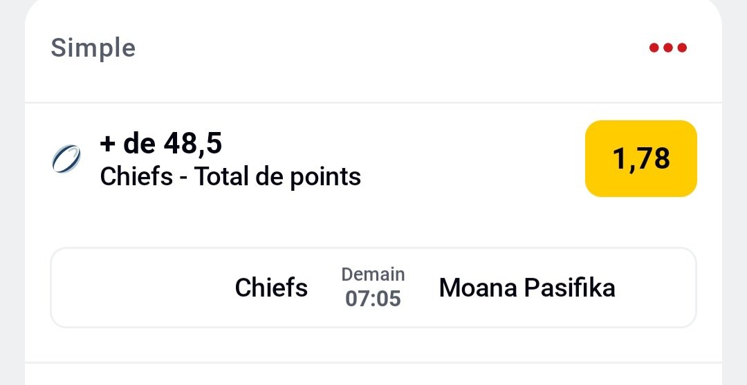 Bet du vendredi 06/03/2026

Chiefs marque plus de 48.5 points <a href="/1/">1</a>.78

Book : Betclic

#TeamParieur