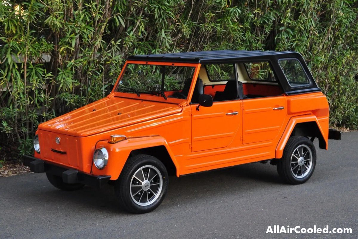 allaircooledvws's tweet photo. Check out this vibrant orange VW Thing Type 181. Originally built for the West German Army in ’68 as a rugged Kübelwagen successor, it hit civilian roads as the “Thing” in the US (’73-’74) Air-cooled 1.6L flat-4, removable doors/top, ~90k made total. Pure quirky fun! #VWThing https://t.co/OpeLi8SVTH