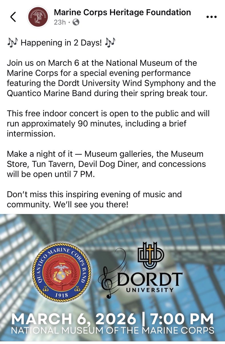 You can enjoy music at the Marine Corps Museum tomorrow night.