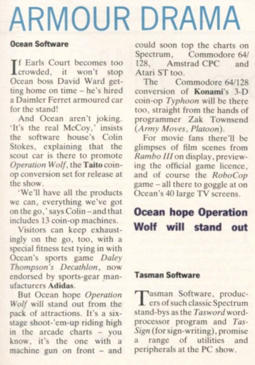 MarkRJones1970's tweet photo. Info on #OceanSoftware's presence at the September 1988 PCW show. This was featured in a show special supplement that came with #Crash, #Zzap64 & #TheGamesMachine magazines.
#ZXSpectrum #Commodore64 #AmstradCPC #RetroGaming https://t.co/EMOHhPEVya