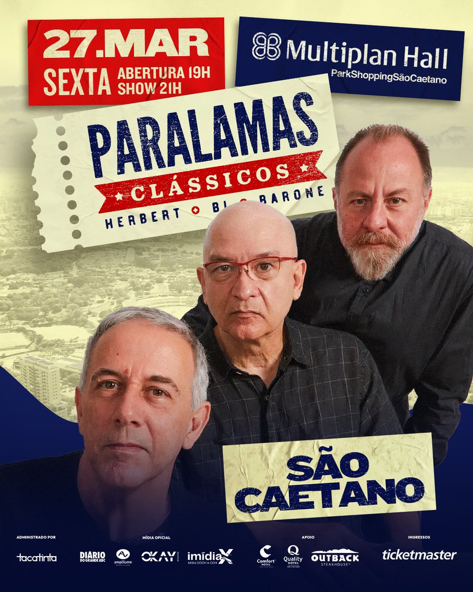 os_paralamas's tweet photo. Alô galera do ABC Paulista.
Os Paralamas do Sucesso chegam a São Caetano com a turnê “Paralamas Clássicos 40 Anos”, num show repleto dos nossos grandes sucessos. 

🗓️ Sexta-feira 27 de março 
📍 Multiplan Hall no Park Shopping São Caetano
🎟️ https://t.co/paVKCljf5d https://t.co/plyuQAacsp