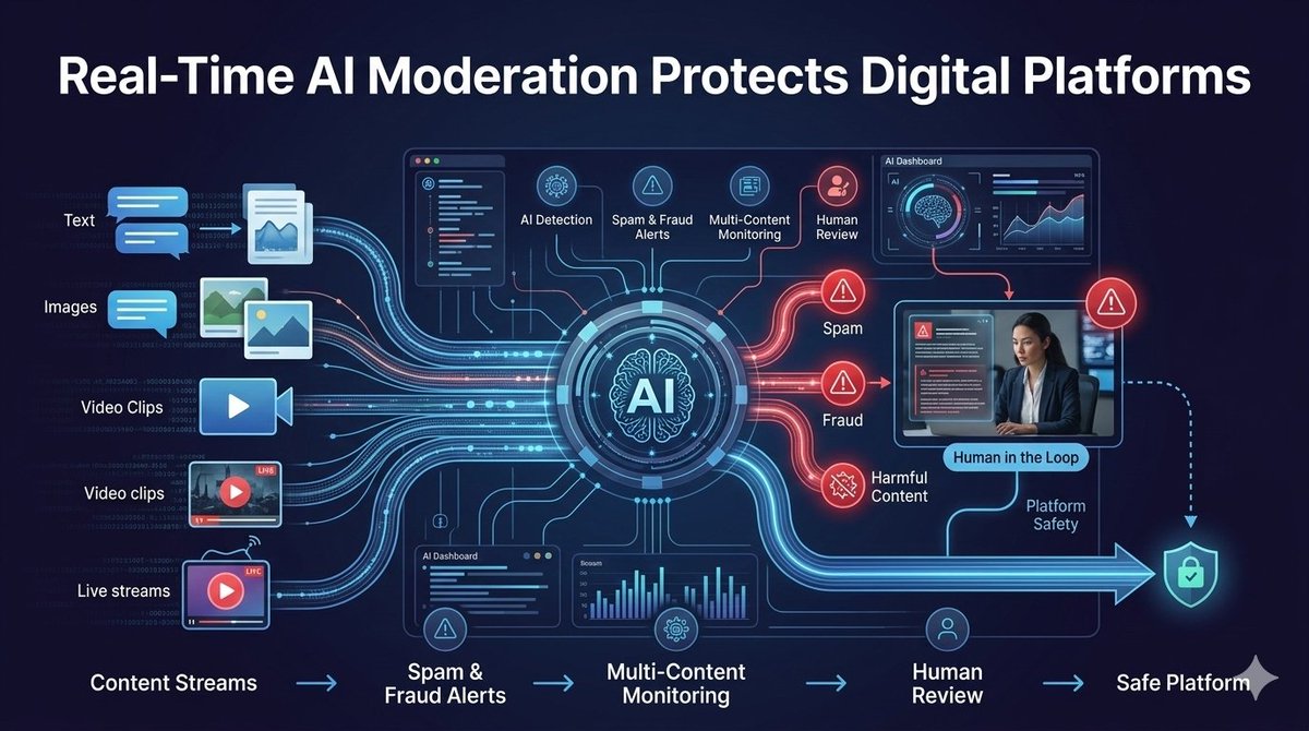 renovez's tweet image. Real-time AI moderation detects harmful content, spam, fraud and policy violations across text, images, videos and live streams, while human review ensures accuracy, helping platforms build safer, trusted communities.

#RealTimeModeration #TrustAndSafety #ContentModeration