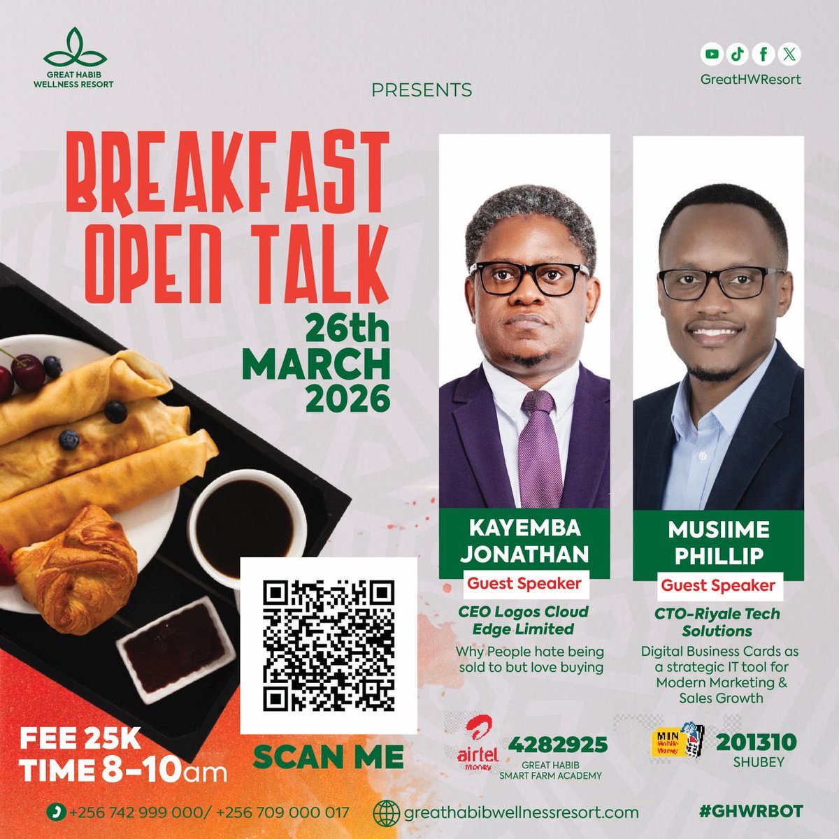 Looking to grow your #business &amp; sharpen your #sales?

Join us for the 3rd Edition of the #GHWRBOT as we listen to Information Technologist <a href="/jonathankayemba/">Kayemba Jonathan</a> &amp; Software Developer <a href="/Phillip_Ug/">Phillip Musiime</a> 

💵 Investment: 25k

📲 Scan the QR code or Register using link: forms.gle/JQKuKWTdCn2JoG…