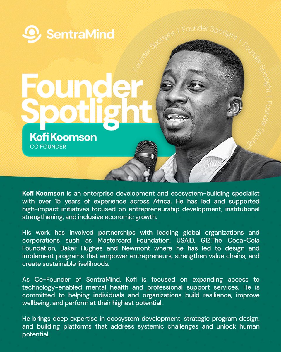 sentramind1's tweet photo. Founder Spotlight: Meet our co-founder, helping turn a shared vision into a platform bringing accessible mental health support to Africa.💚💚
#sentramind #MentalHealthMatters https://t.co/PXbqS02RPt