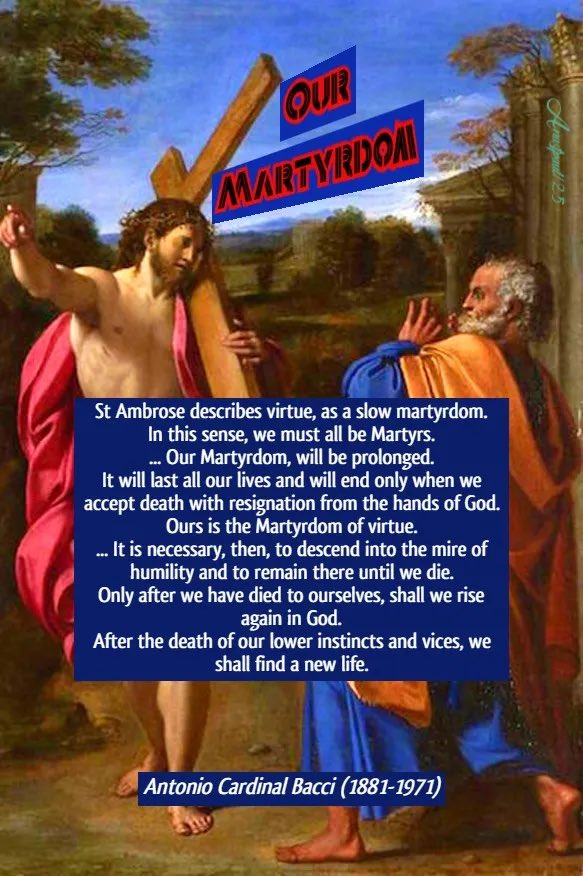 Our Martyrdom

1. St. Ambrose describes virtue as a slow martyrdom. In this sense we must all be martyrs. There is only one difference. The Martyrs of the Church shed their blood and gave up their lives for Jesus within one hour or one day and gained their reward immediately. Our