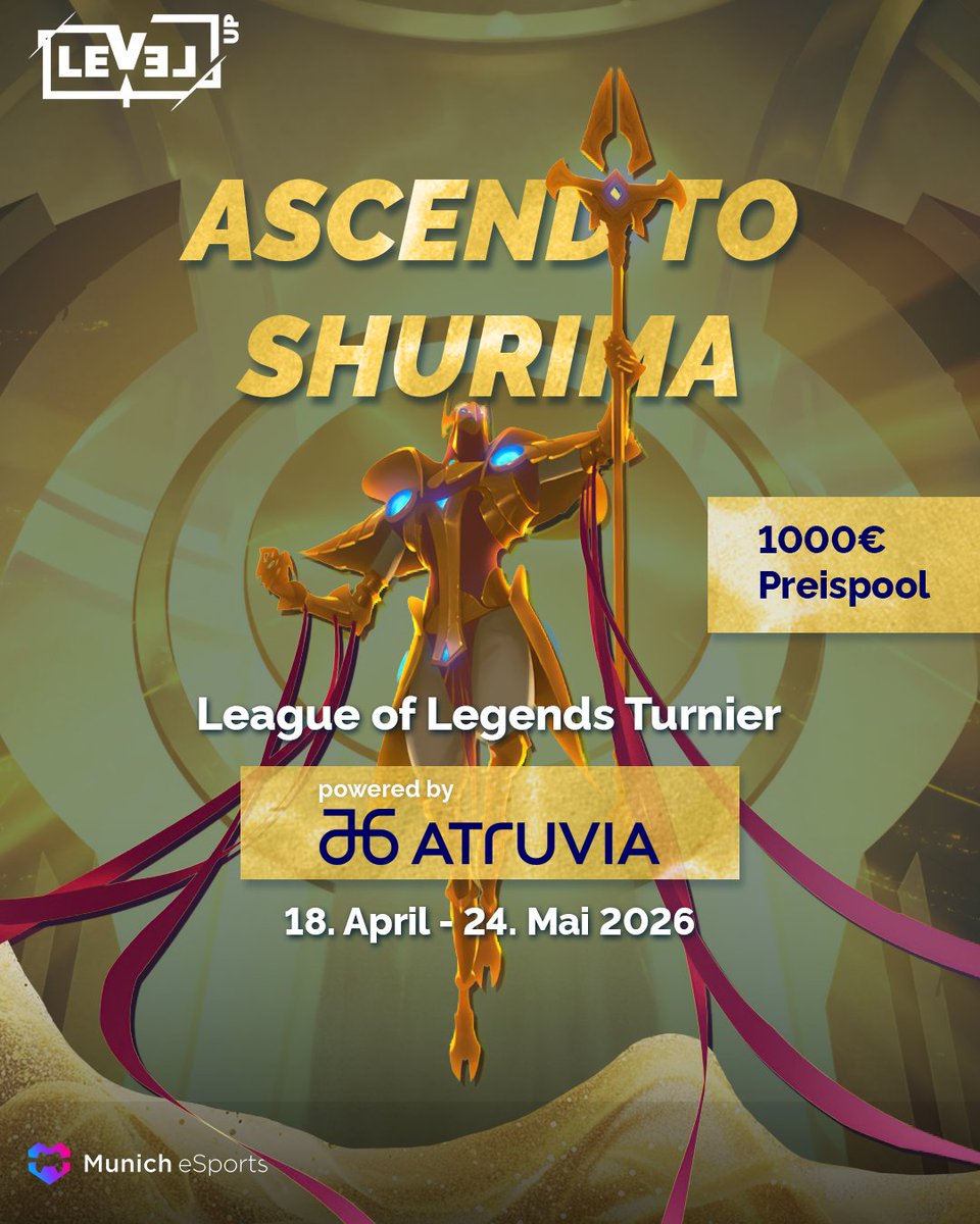 🏆ASCEND TO SHURIMA🏆

Anmeldung geöffnet!

Online-Turnier mit Offline-Finale am 24.05. auf der Bühne des <a href="/levelupsalzburg/">LEVEL UP - The Gaming Festival</a>. Alle Matches live auf twitch.tv/munich_esports📺

📅18.04.-24.05.
💰1000€ Preispool
📝Anmeldung bis 13.04. unter
play.toornament.com/de/tournaments…

#PlayYourHeartOut