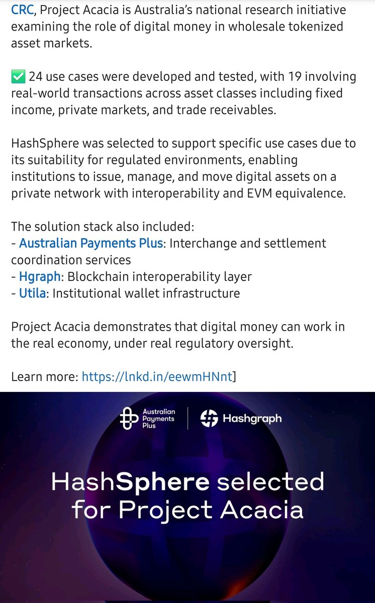 SYCR6h8A4qUyAHf's tweet photo. https://t.co/koLPVc50sP

#HashSphere, #Hashgraph's private, permissioned blockchain network built with #Hedera technology, was selected as core infrastructure for Project #Acacia. https://t.co/X3M9nUs1P9