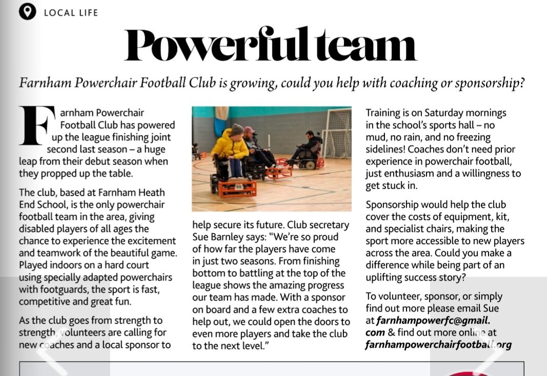 farnham_pcfc's tweet photo. Thank you Farnham Round and Aboit Magazine for this article #volunteer #sponsor #powerchairfootball #Farnham #help https://t.co/Yq0oMbLoVn