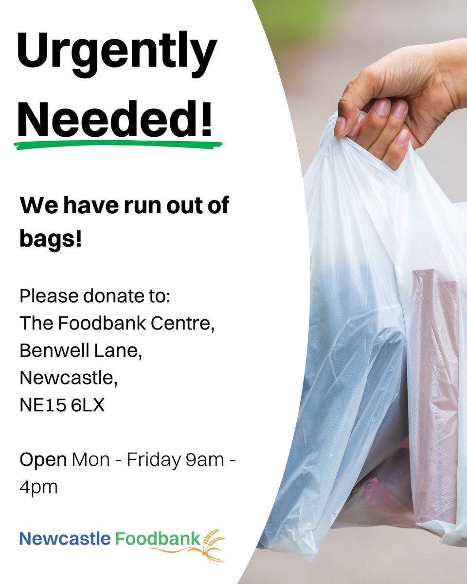 NCLFoodbank's tweet photo. We are in urgent need of carrier bags for our clients to take their food parcels home! 
If you have spare shopping bags, we would be grateful for you to donate them to Newcastle Foodbank, 331 Benwell Lane, NE15 6LX.

Thank you! 💚 https://t.co/93NFzru5hS