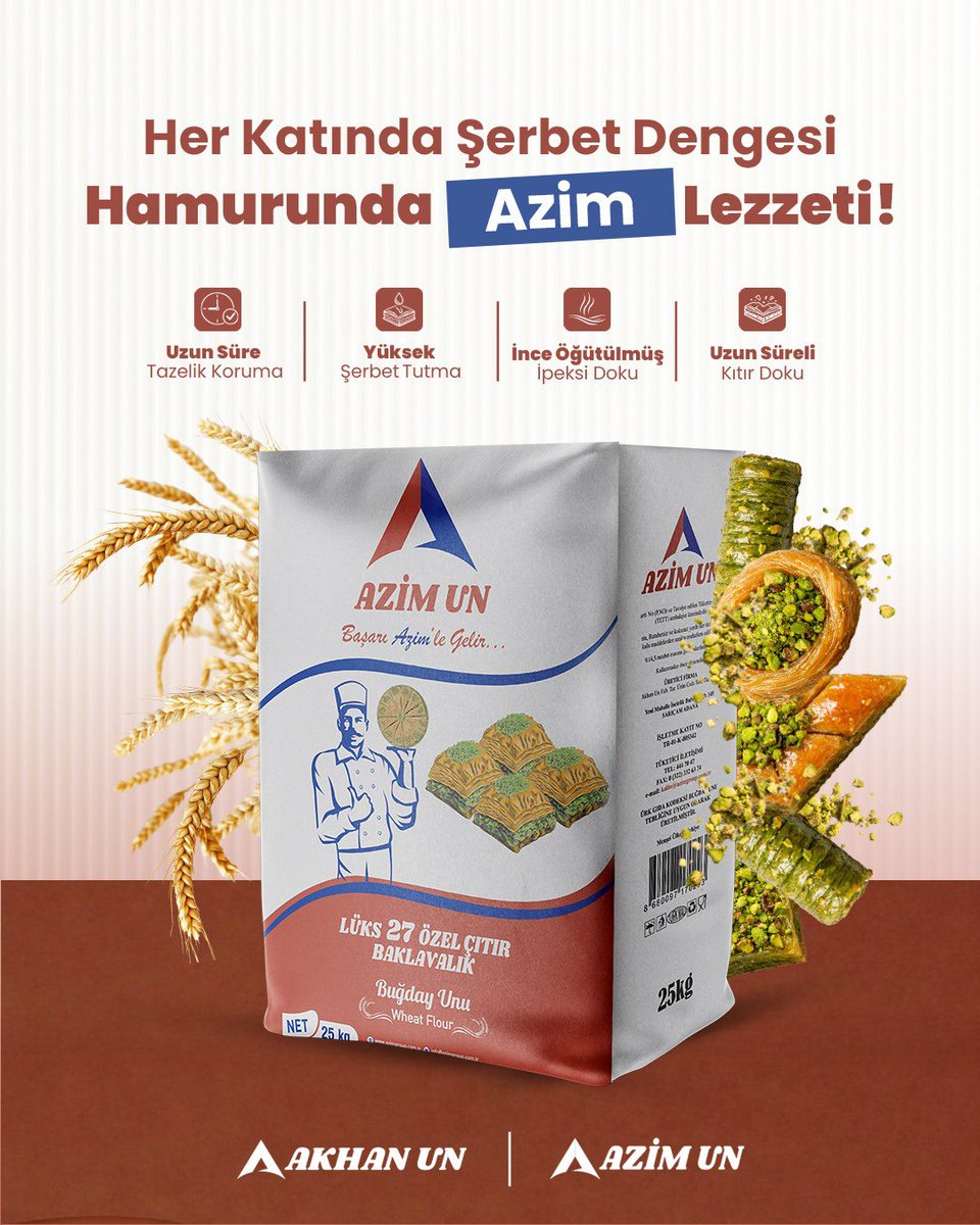 Baklavanın her katında ustalık, hamurunda Azim var. 

İnce öğütülmüş yapısı ve yüksek şerbet tutma özelliğiyle Azim Un Lüks 27 Özel Çıtır Baklavalık Buğday Unu baklavada dengeli şerbet, uzun süre çıtır doku ve ustaların aradığı kaliteyi sunar.

#Akhan