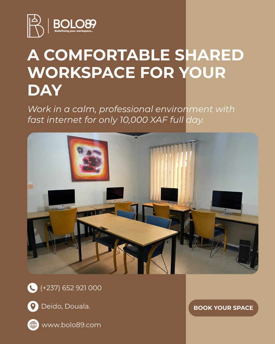 𝐘𝐎𝐔𝐑 𝐃𝐀𝐈𝐋𝐘 𝐖𝐎𝐑𝐊𝐒𝐏𝐀𝐂𝐄
A calm and professional shared workspace with reliable internet and comfort.
Work for the full day at 10,000 XAF.
#BOLO89 #SharedWorkspace #Coworking #WorkspaceDouala