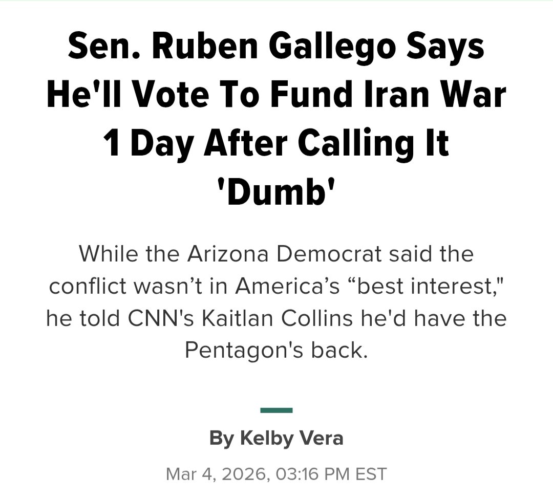 JohnTeufelNYC's tweet photo. .@RubenGallego was one of the few Democrats giving concise and clear statements about why this war is so bad. But he's gonna vote to fund it, so all of those statements were just nom noms for gullible people desperately wanting some leaders of character. All lies. https://t.co/he00uIp2PL