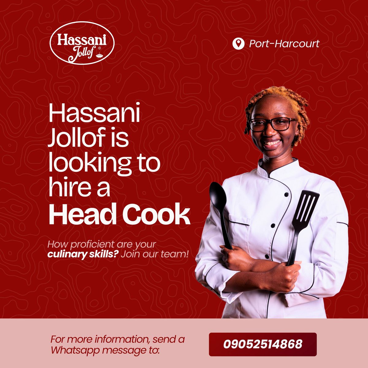 HassaniJollof's tweet photo. WE’RE HIRING – HEAD COOK 🍲👨‍🍳

Do you have a passion for cooking and the skills to lead a kitchen with excellence? Hassani Jollof is looking for a talented and experienced Head Cook to join our growing team in Port Harcourt.

If you know how to create delicious meals, manage kitchen operations, and maintain top-quality food standards, this opportunity might be for you!

What we’re looking for:
✔️ An experienced chef with strong culinary background
✔️ Excellent cooking skills and ability to prepare high-quality meals consistently
✔️ Good knowledge of ingredients, flavors, and food combinations
✔️ Creativity in food preparation and presentation
✔️ Strong sense of cleanliness and kitchen hygiene
✔️ Ability to lead and coordinate kitchen activities efficiently

Join a team that values quality, passion, and creativity in food preparation.

📍 Location: Port Harcourt

📲 Interested applicants should send a WhatsApp message to: 09052514868

If you’re ready to bring your culinary expertise to a professional kitchen and grow with us, we’d love to hear from you!🍽️✨