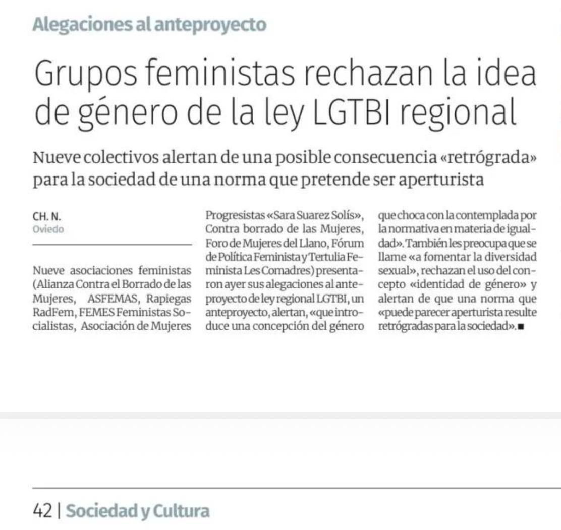 Asociaciones feministas presentan alegaciones al anteproyecto de "Ley del Principado de Asturias para la erradicación de la discriminación y para la igualdad real y efectiva de derechos de las personas LGTBI".
El anteproyecto introduce una concepción del género que choca con la