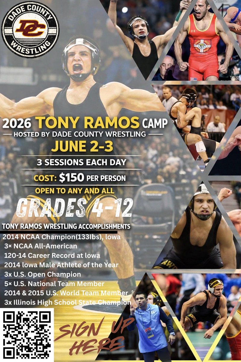 DadeCoRasslin's tweet photo. ⚠️ SPOTS ARE LIMITED

Train with NCAA Champion/ North Carolina Associate Head Coach Tony Ramos at the 2026 Dade County Wrestling Camp! 

📅 June 2–3
💪 3 Sessions Each Day

If you want to get better, this is the place.

https://t.co/6bg0kHQqin https://t.co/gS12RgYsKy