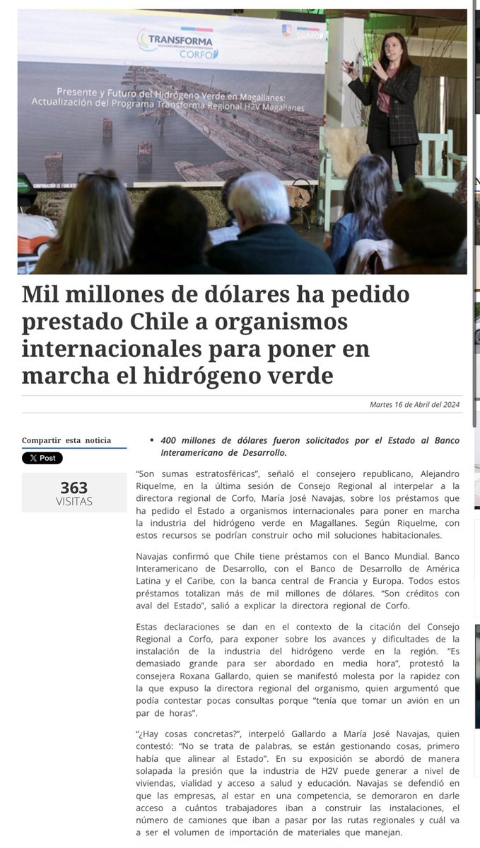 Que investiguen donde fue a parar el préstamo del banco mundial y otros organismos por 1000 millones de dólares para el hidrógeno.

La CORFO (ente en clara decadencia producto de ser utilizado como caja de endeudamiento de este gobierno) es el encargado de la “gestión”.