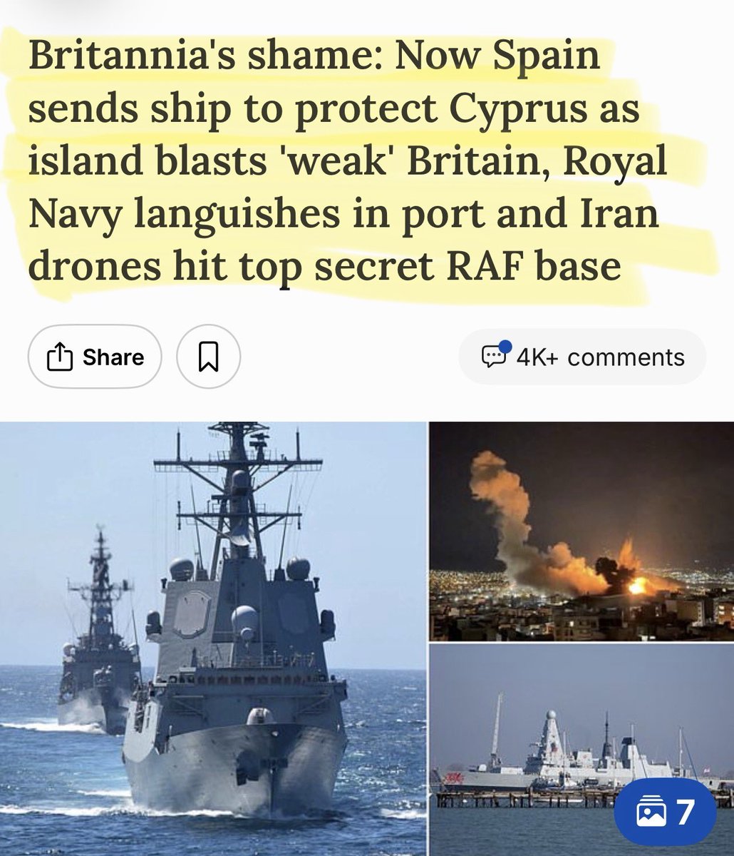 🔥Britain is being attacked repeatedly by Iran and is still not responding. 

Starmer expects everyone else to come to our aid m, as even Spain is now doing, as it's reported that even Jordan, Canada and the Emirates asking "whose side are you on?" to Starmer.

Labour refuses to