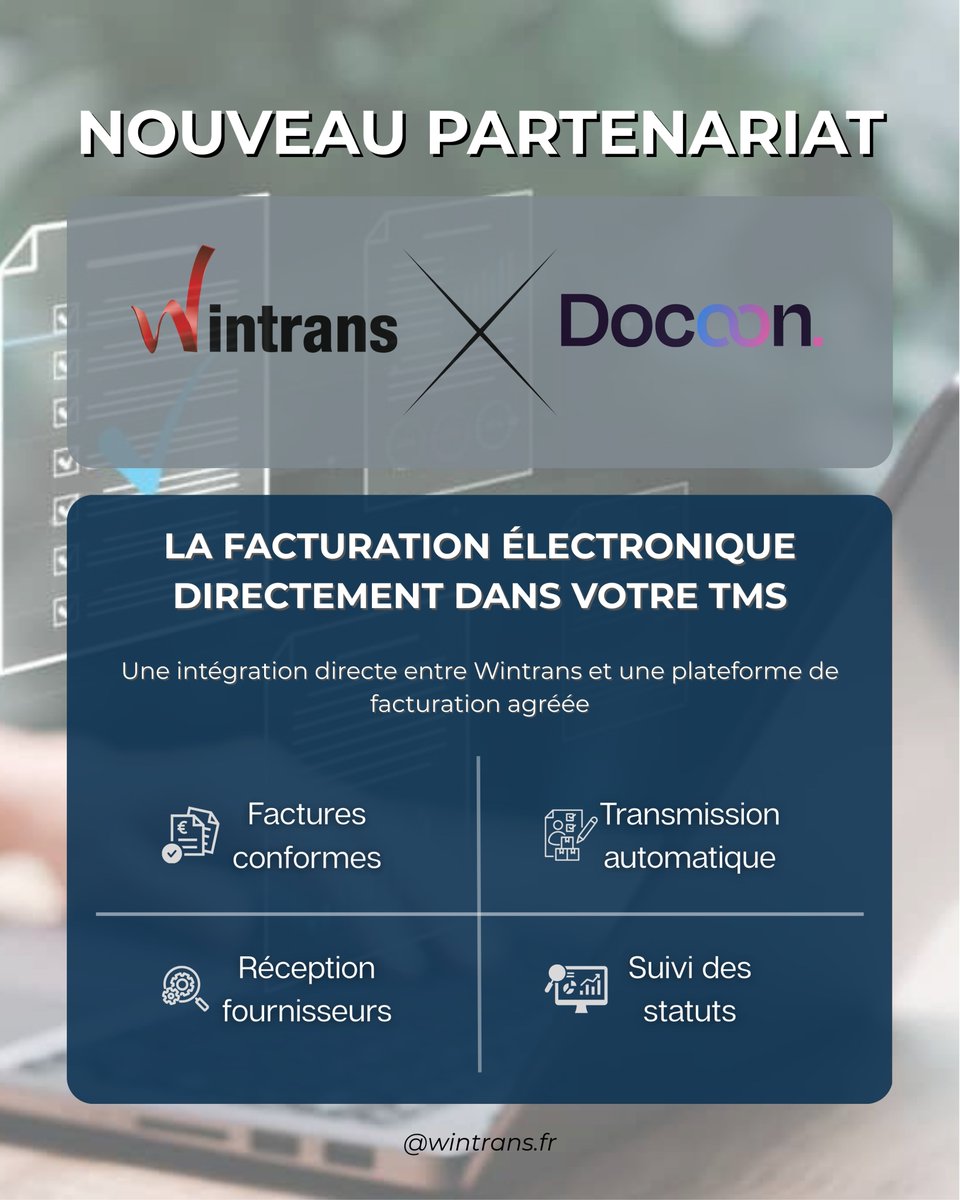 WINTRANS_'s tweet photo. Nous sommes heureux d’annoncer notre collaboration avec Docoon  afin de faciliter l’intégration de la facturation électronique dans l’environnement WINTRANS.

#transport #tms #facturationelectronique #wintrans https://t.co/j27OQqm4um
