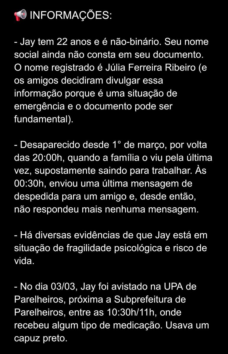 frankierobrasil's tweet photo. 🚨 DESAPARECIDO!!! Ajudem a encontrar o Jay. Leiam os detalhes, compartilhem e repassem qualquer informação para os números que constam nas imagens. https://t.co/3L9cKiNP9t