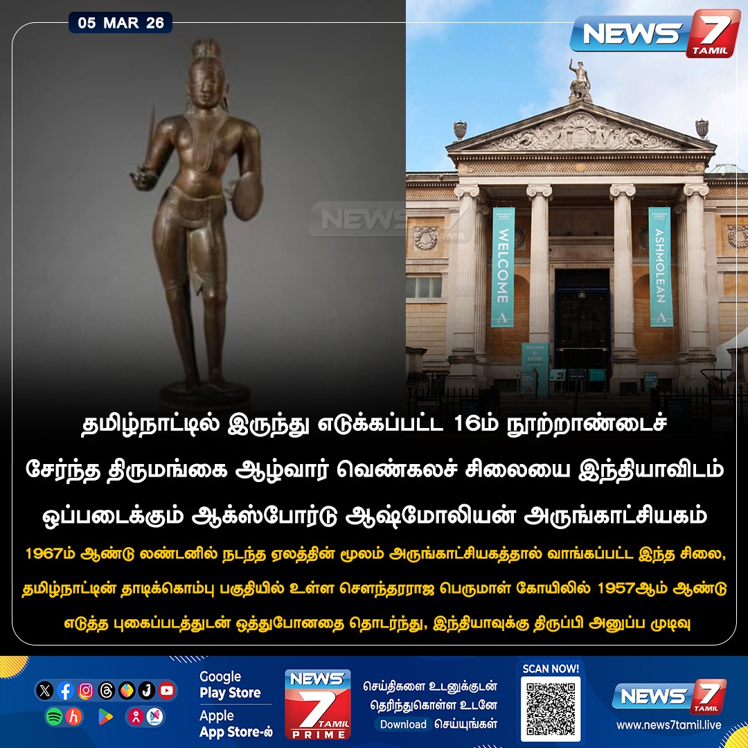 news7tamil's tweet photo. திருமங்கை ஆழ்வார் வெண்கலச் சிலையை இந்தியாவிடம் ஒப்படைக்கும் ஆக்ஸ்போர்டு ஆஷ்மோலியன் அருகாட்சியகம்!  

#ThirumangaiAlvar | #OxfordUniversity | #SoundararajaPerumal | #Temple | #AshmoleanMuseum https://t.co/Fxdd3hcvfp