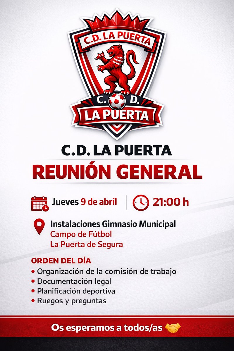 juanandresemd's tweet photo. C.D. LA PUERTA
⚽ REUNIÓN GENERAL

📅 Jueves 9 de abril
🕘 21:00 h

📍 Instalaciones Gimnasio Municipal
Campo de Fútbol
La Puerta de Segura

Orden del día

• Organización de la comisión de trabajo
• Documentación legal
• Planificación deportiva
• Ruegos y preguntas https://t.co/8MO37YoVpT