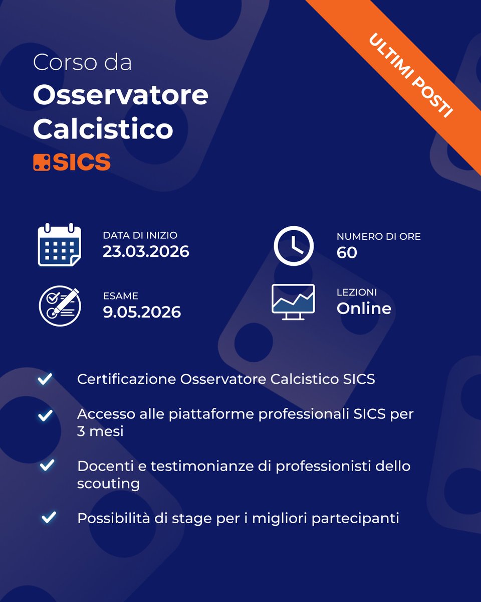sicssport's tweet photo. Il 23 marzo partirà la terza edizione del Corso Osservatore Calcistico SICS e sono rimasti gli ultimi posti disponibili ⏳

Se vuoi trasformare la tua passione per il calcio in competenze concrete nello scouting e nell’analisi del gioco, questo è il percorso che fa per te! https://t.co/AWtk8czk0u