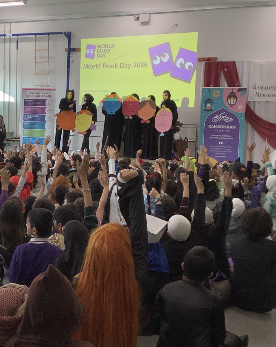 olive__preston's tweet photo. World Book Day 2026 assembly and staff on the stage! Well done to our children for guessing the theme in each year group. #WorldBookDay2026 #BringingLearningToLife #LoveReading #Inspired #Teamwork #Ambition #WeAreSTAR https://t.co/oTjkGzoWu0