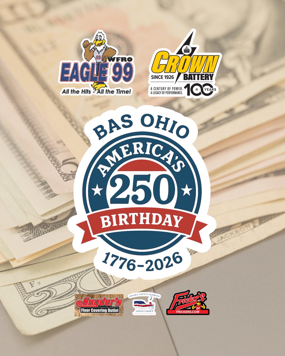 eagle99wfro's tweet photo. @CrownBattery &amp; Eagle 99 WFRO countdown to America’s 250th! We're sharing historical highlights as we count down to this momentous occasion! Sponsored in part by Ottawa County VSO, Snyder’s Floor Covering &amp; Fricker’s Fremont 🦅 https://t.co/oItE5t3Ns5 https://t.co/QnpKS1mmLH
