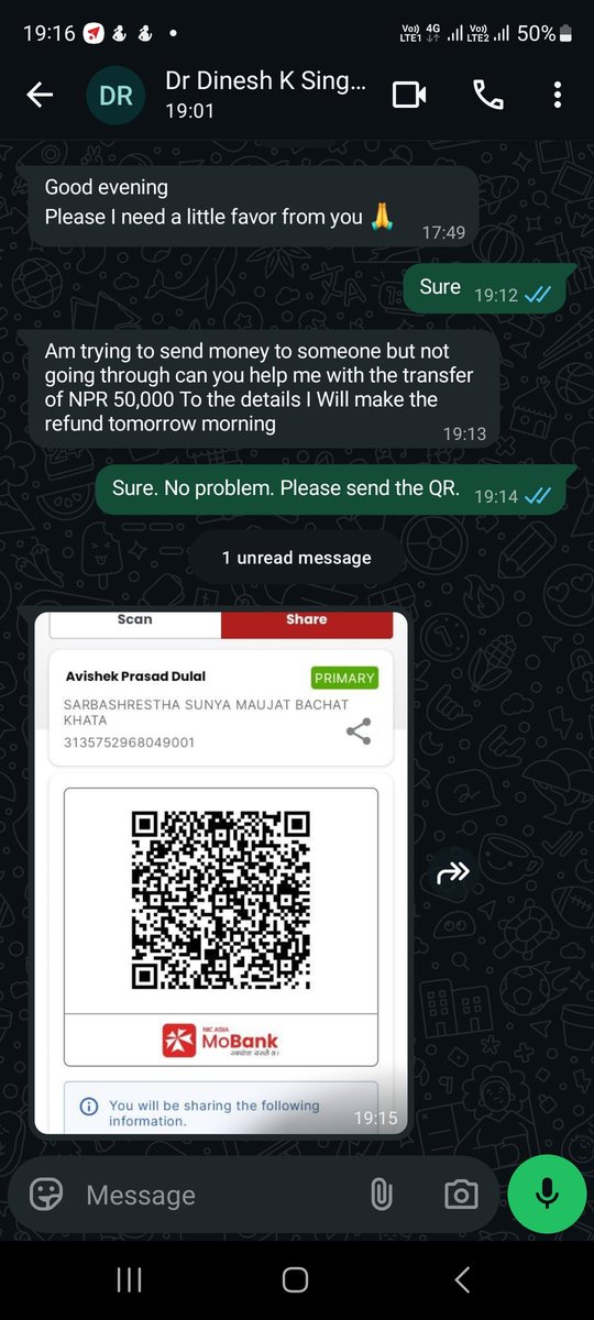 One of my acquaintances Whatsapp is hacked. <a href="/NepalPoliceHQ/">Nepal Police</a> Please look up for Abhisekh Prasad Dulal