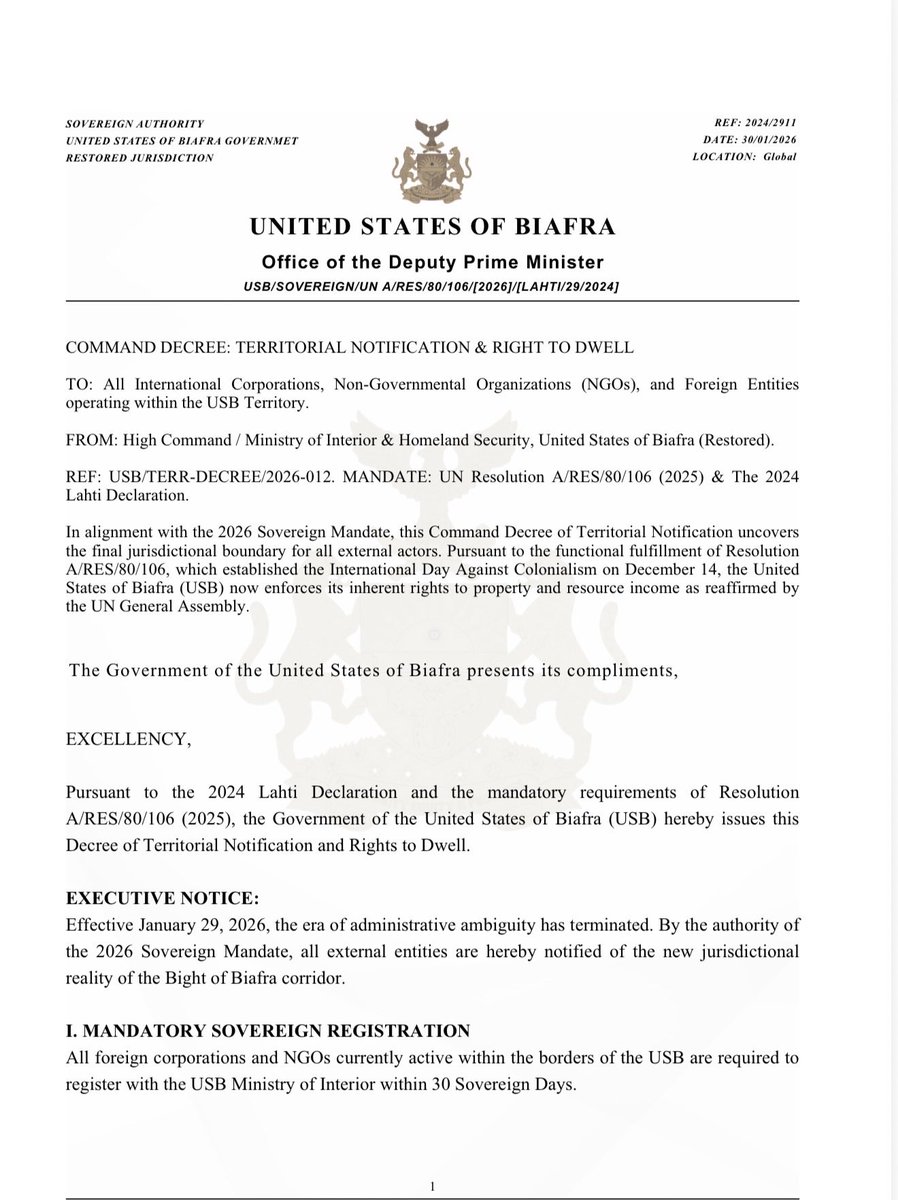 ngoziora's tweet photo. Breaking:

United States of Biafra Territorial Notification and Right to Dwell

@realDonaldTrump @FLOTUS @USBGovernment @StateDept @SecRubio @mrubin1971 @USArmy @IDF @officialABAT @DHQNigeria @CapitaineIb226 @BBCWorld @BBCBreaking @cnni @CNN @FoxNews @SkyNews @StateIRF @RepRileyMoore @tedcruz @SecWar @BarronTNews_ @USNATO @_AfricanUnion @UN @UNHumanRights @MichelleObama @HillaryClinton @MobilePunch @channelstv
 l