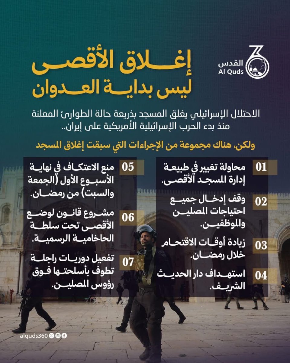AdhamSelmiya's tweet photo. لم تترك سلطات الاحتلال مساراً من مسارات تهويد الأقصى إلا ومضت فيه خلال الأيام العشرة الأولى من #رمضان قبيل الحرب.

إغلاق #المسجد_الأقصى جاء تتويجاً لخطوات تهويدية متصاعدة ومدروسة، ولم يأت لأجل "السلامة العامة"! 

إغلاق الأقصى هدف من أهداف الحرب يجب إفشاله.

#لن_يغلق_أقصانا 
#الأقصى_يستغيث 
#رمضان_الأقصى