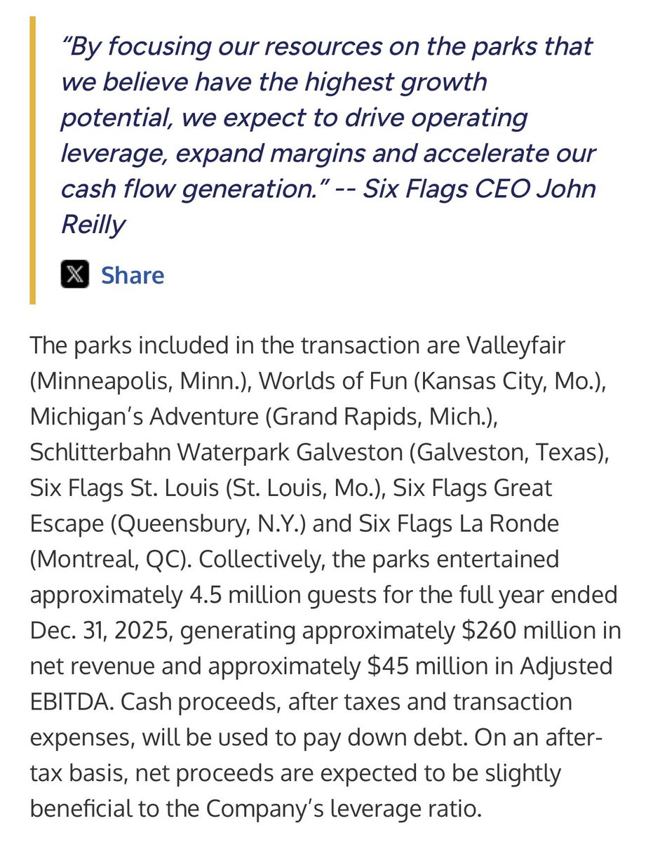ElToroRyan's tweet image. 🚨BREAKING🚨: Six Flags has officially announced the sale of 7 parks to EPR Properties.
- Valleyfair
- Worlds of Fun
- Michigan’s Adventure
- Schlitterbahn Waterpark Galveston
- Six Flags St. Louis
- Six Flags Great Escape
- Six Flags La Ronde