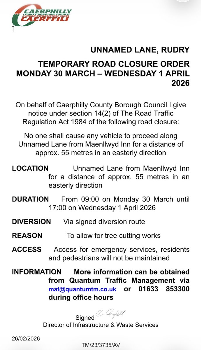 McConAmanda's tweet image. UNNAMED LANE, RUDRY

TEMPORARY ROAD CLOSURE ORDER
MONDAY 30 MARCH - WEDNESDAY 1 APRIL 2026

🌳 Tree cutting works 🌳 

#MachenRudryWard #CCBC