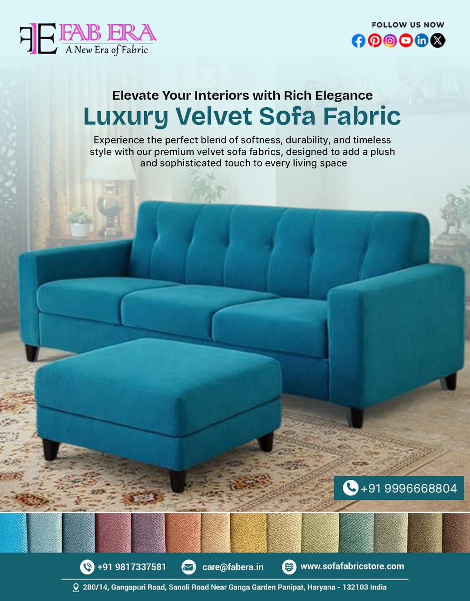 fabera_'s tweet image. Upgrade your interiors with Fabera Luxury Velvet Sofa Fabric!
Soft, durable and designed for timeless elegance. Perfect for sofas that make a statement in every space.
📞 +91 9996668804
🌐 sofafabricstore.com
#Fabera #VelvetFabric #SofaFabric #InteriorDesign