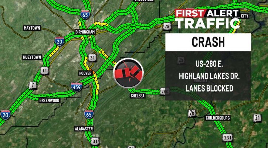 WBRCtraffic's tweet photo. First Alert:
There is a crash on US-280 E. at Highland Lakes Dr. with lanes blocked. @WBRCnews #wbrctraffic https://t.co/fmQw62X7wa