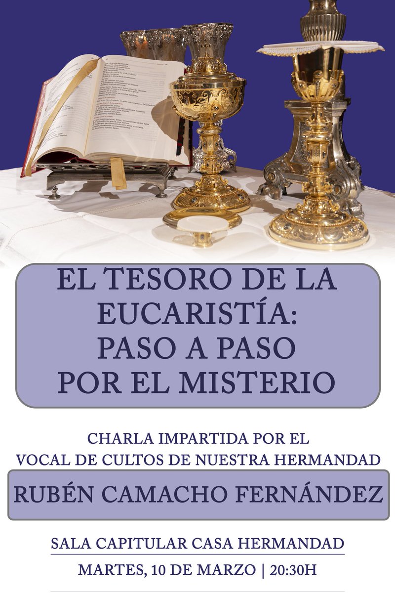 HdadLasPenas's tweet photo. | ACTUALIDAD |

Nuestro vocal de cultos, Rubén Camacho, impartirá una charla sobre los misterios, símbolos y gestos de la Celebración Eucarística para así conocer los grandes frutos espirituales que se nos dan a través de ella. https://t.co/vCmzTgFRN6