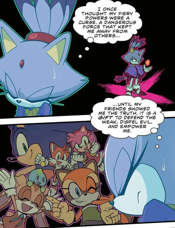 DailySonaze's tweet photo. Day 382!💙💜
Thinking about everyone that's helped her open up, and become a better person... and what do you know? Sonic's right at the top.
Artwork from IDW Issue #78

#Sonae https://t.co/O9Ye6QKtY2