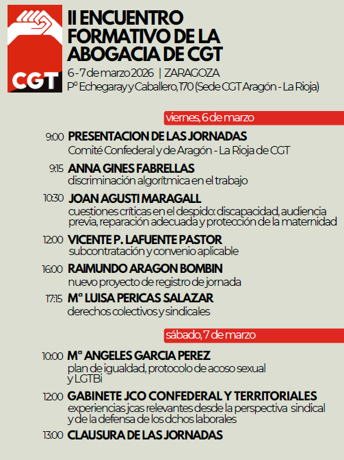 #AcciónJurídica #Zaragoza

Mañana comienza el segundo encuentro formativo de la abogacía de #CGT. El objetivo es reunir al personal profesional de nuestra organización para poner en común problemas y soluciones que afectan al ámbito jurídico.

cgt.es/ii-encuentro-f…