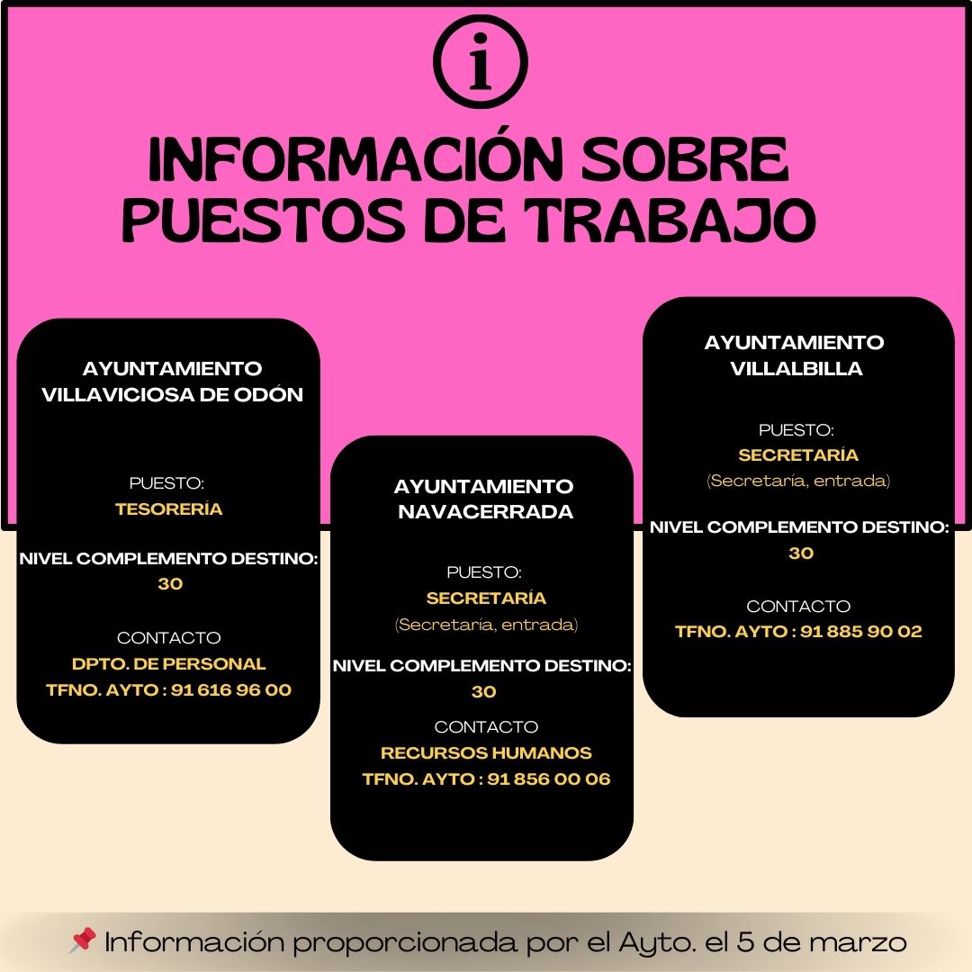 CositalMadrid's tweet photo. INFORMACIÓN SOBRE PUESTOS DE TRABAJO: AYUNTAMIENTOS DE VILLAVICIOSA DE ODÓN, NAVACERRADA Y VILLALBILLA https://t.co/g5ZNTPtudS