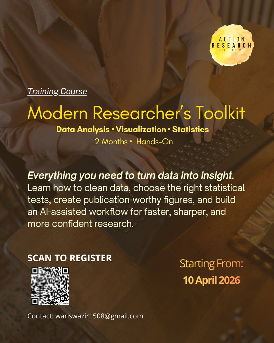 ActionResear's tweet photo. If you work with research data and would like to feel more confident with analysis, statistical testing, and presenting results, this course may be helpful for you. It gently guides you through the complete process  from cleaning and organizing datasets . https://t.co/kkk7j0yf8Z