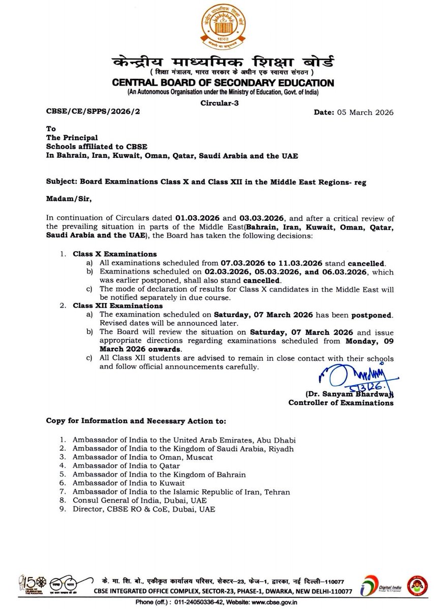 cbseindia29's tweet photo. Important Update on Class X/XII Exams – Middle East Regions

CBSE has issued Circular-3 today regarding the Class X & XII Board Exams in the Middle East regions.
Details are in the attached Circular