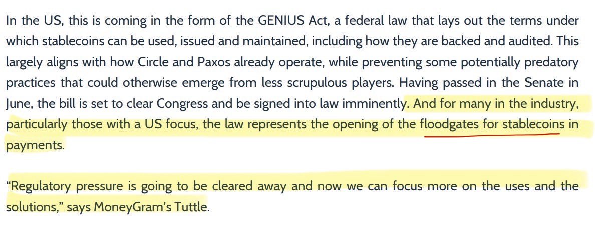 ‼️THE GENIUS ACT REPRESENTS THE OPENING OF THE FLOODGATES FOR STABLECOINS IN PAYMENTS‼️

Documented.📝👇
