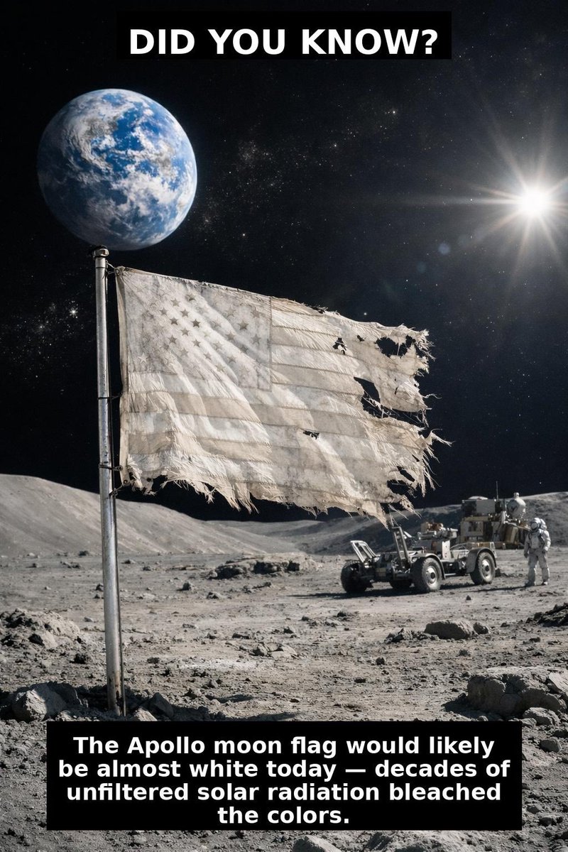 XTrueSliceX's tweet photo. Did you know the American flag left on the Moon is probably almost completely white today?
Decades of unfiltered solar radiation would have bleached the colors and left the fabric extremely fragile. 🌕🚀 https://t.co/cuh2bOGdIX