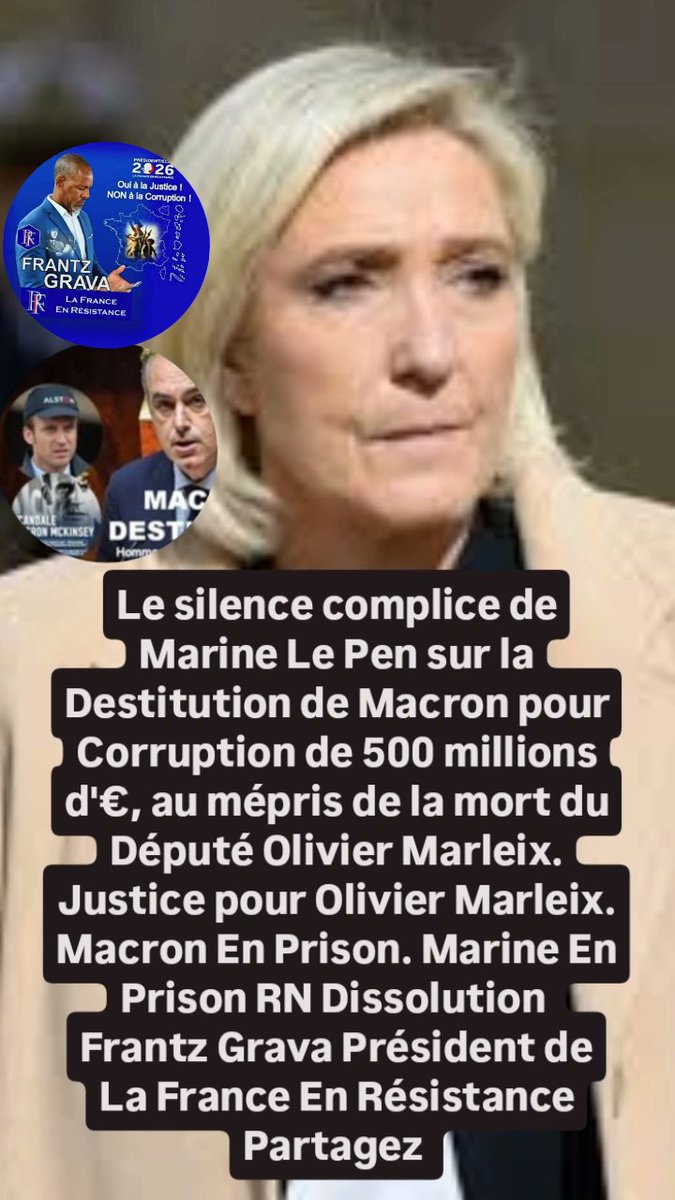 Grava_Frantz's tweet photo. @RTolassy Si nos compatriotes antillais savaient que Marine Le Pen est contre la Destitution de Macron pour Corruption, dénoncée par Olivier Marleix, avant sa mort tragique. Aucun d'entre ne voterait jamais pour un candidat du RN #MarineLePen #RNDissolution #MarineEnPrison https://t.co/wu10s1tThi