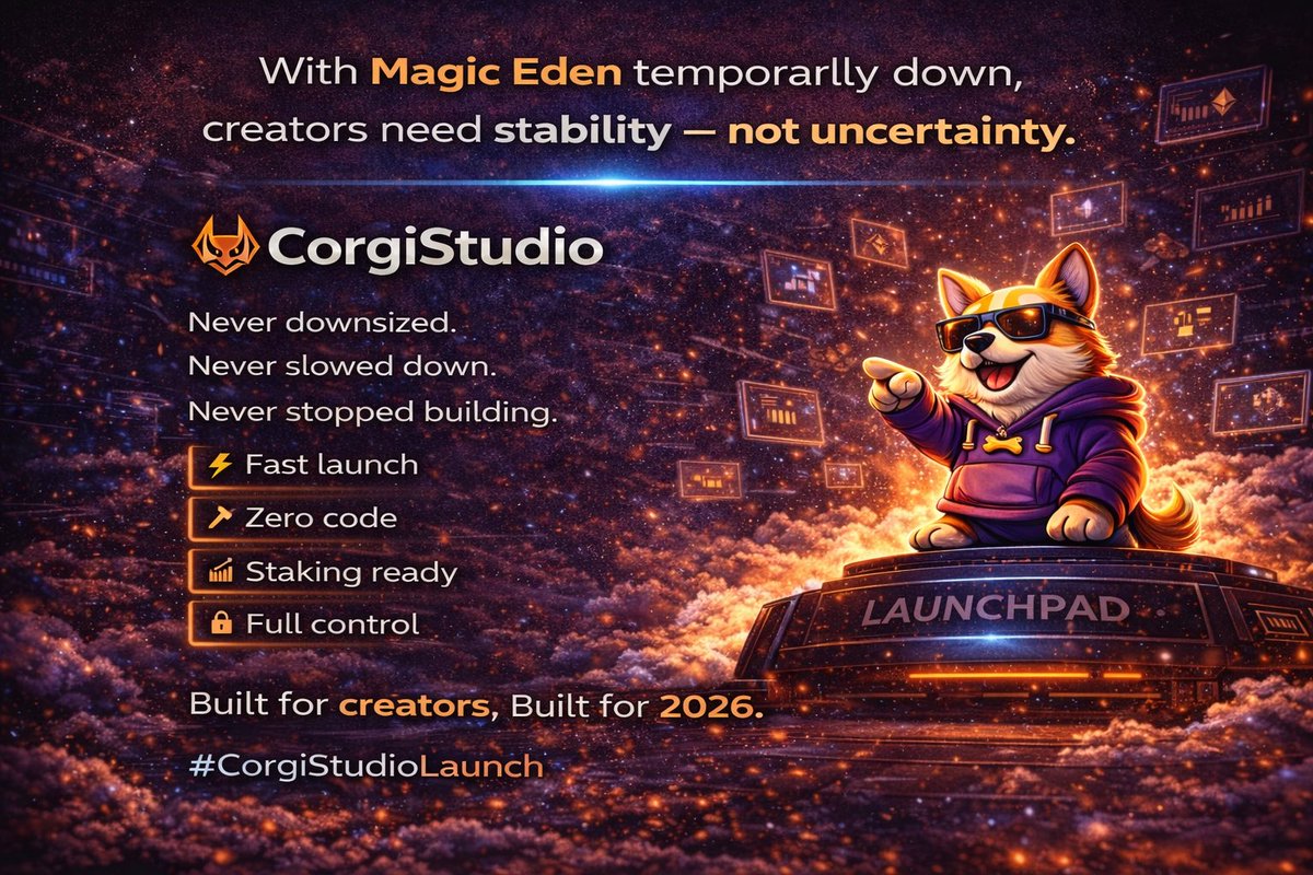 Tjay_sznn's tweet image. With Magic Eden temporarily down,
creators need stability not uncertainty.

CorgiStudio never downsized.
Never slowed down.
Never stopped building.

Fast launch.
Zero code.
Staking ready
Full control

Built for creators.
Built for 2026

#CorgiStudioLaunch #corgistudio 
@CBS2Inc