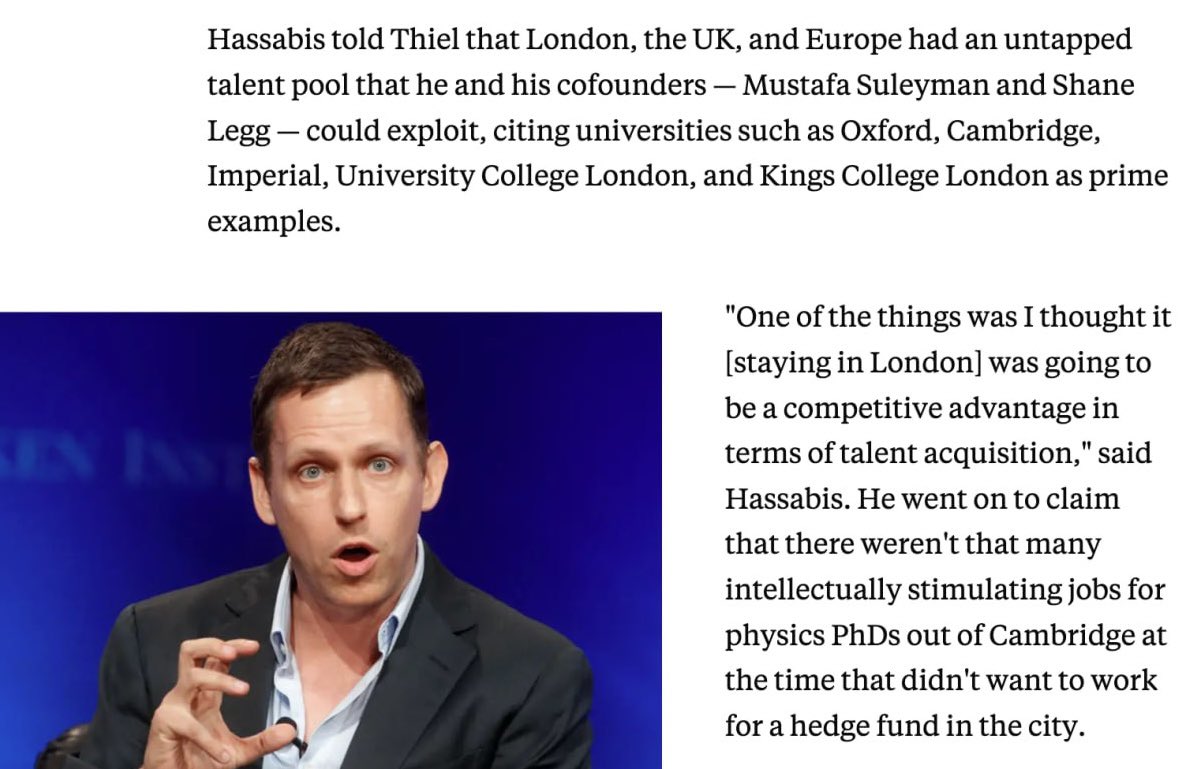 Rxplicate's tweet photo. @W98AB Yeah this is what the DeepMind Founder pitched to Peter Thiel to get funding in the early 2010s, that Europe had loads of untapped ambitious young people coming from good schools, but boring career options https://t.co/42GGd7FuZa