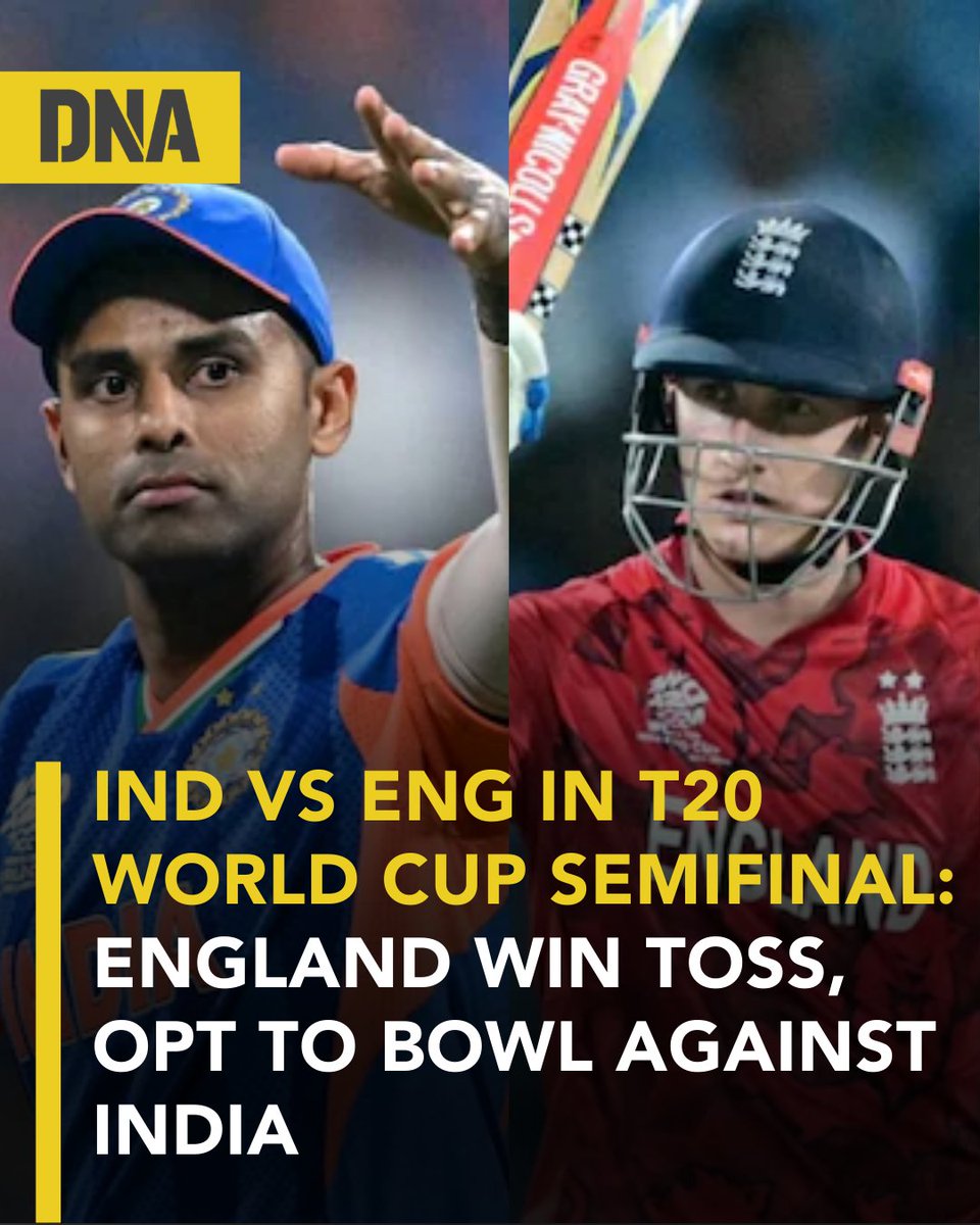dna's tweet image. #HarryBrook won the toss and decided that #England cricket team will bowl first against India national cricket team in the #T20WorldCup semifinal at Wankhede Stadium in Mumbai. 

#DNAUpdates | #INDvsENGSemiFinal | #INDvsENG